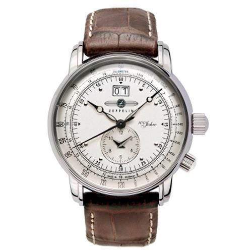 Image of 7640-1 Zeppelin 100 års Jubilæums model<br>Dual time, sølv urskive og brun læder rem